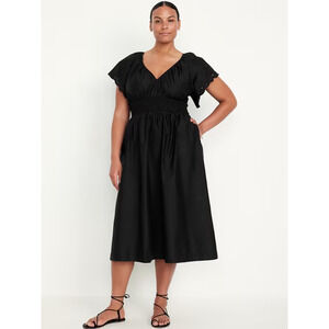 Women's Black 100% Cotton Midi Dress Size XXL Ruffle Smocking Pockets Old Navy